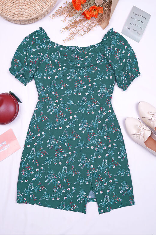 Fine Off Shoulder Floral Print Side Slit Skirt Playsuit (Green)
